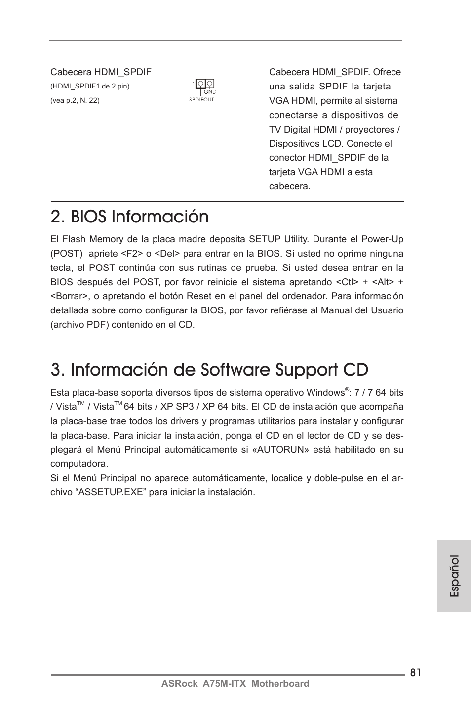 Bios información, Información de software support cd, Español | ASRock A75M-ITX User Manual | Page 81 / 157