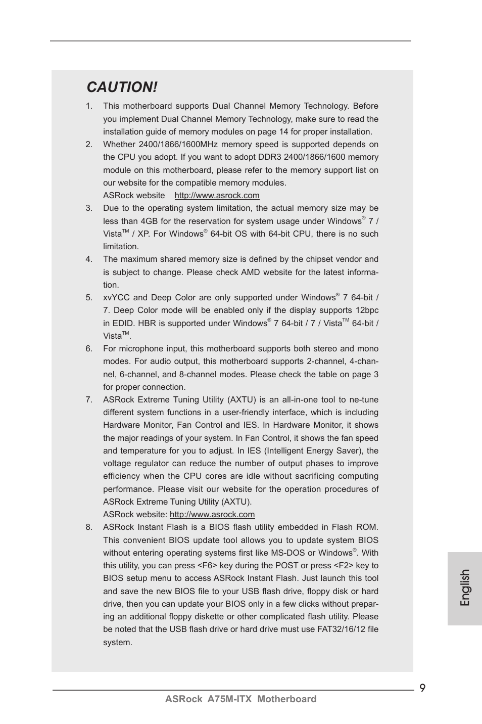 Caution, English, Asrock a75m-itx motherboard | ASRock A75M-ITX User Manual | Page 9 / 157