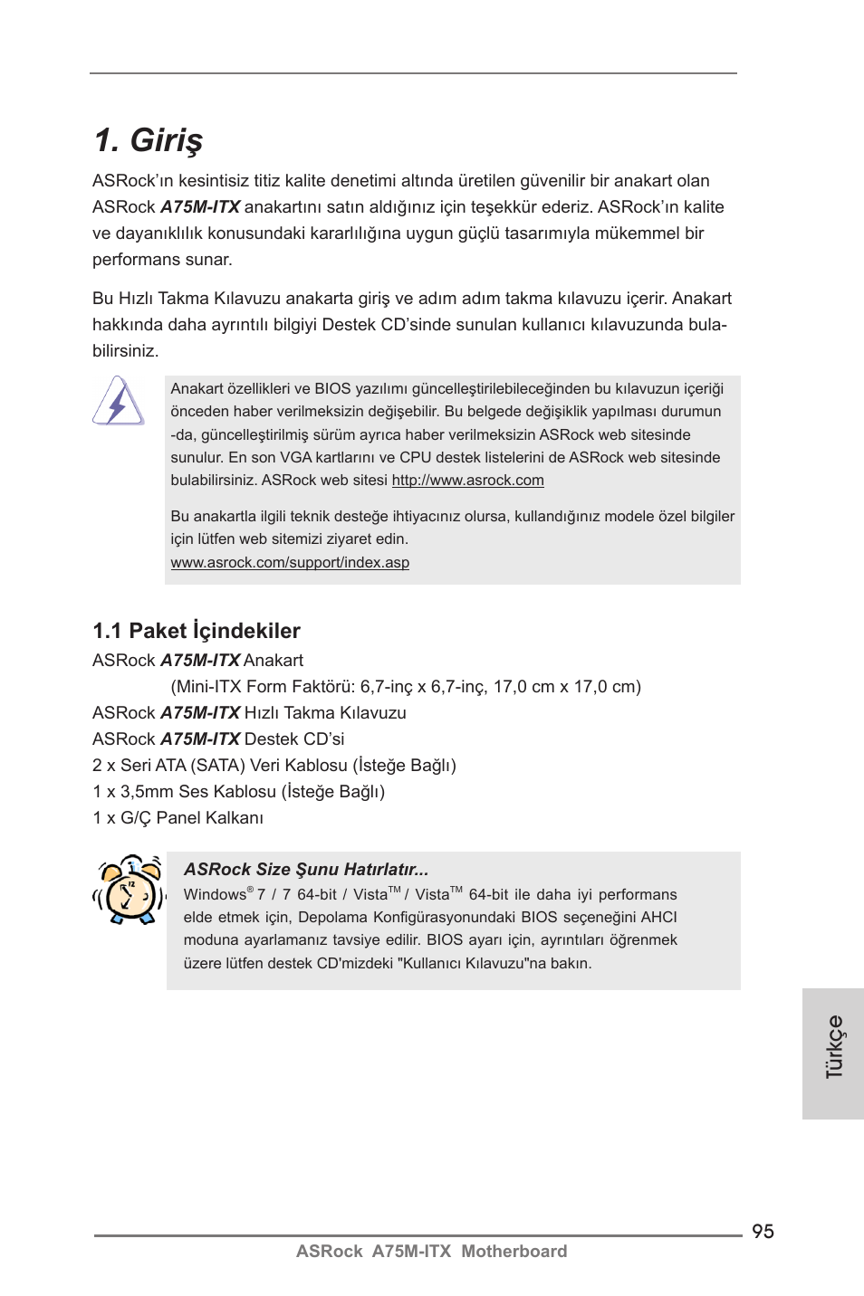 Turkish, Giriş, 1 paket içindekiler | Türkçe | ASRock A75M-ITX User Manual | Page 95 / 157