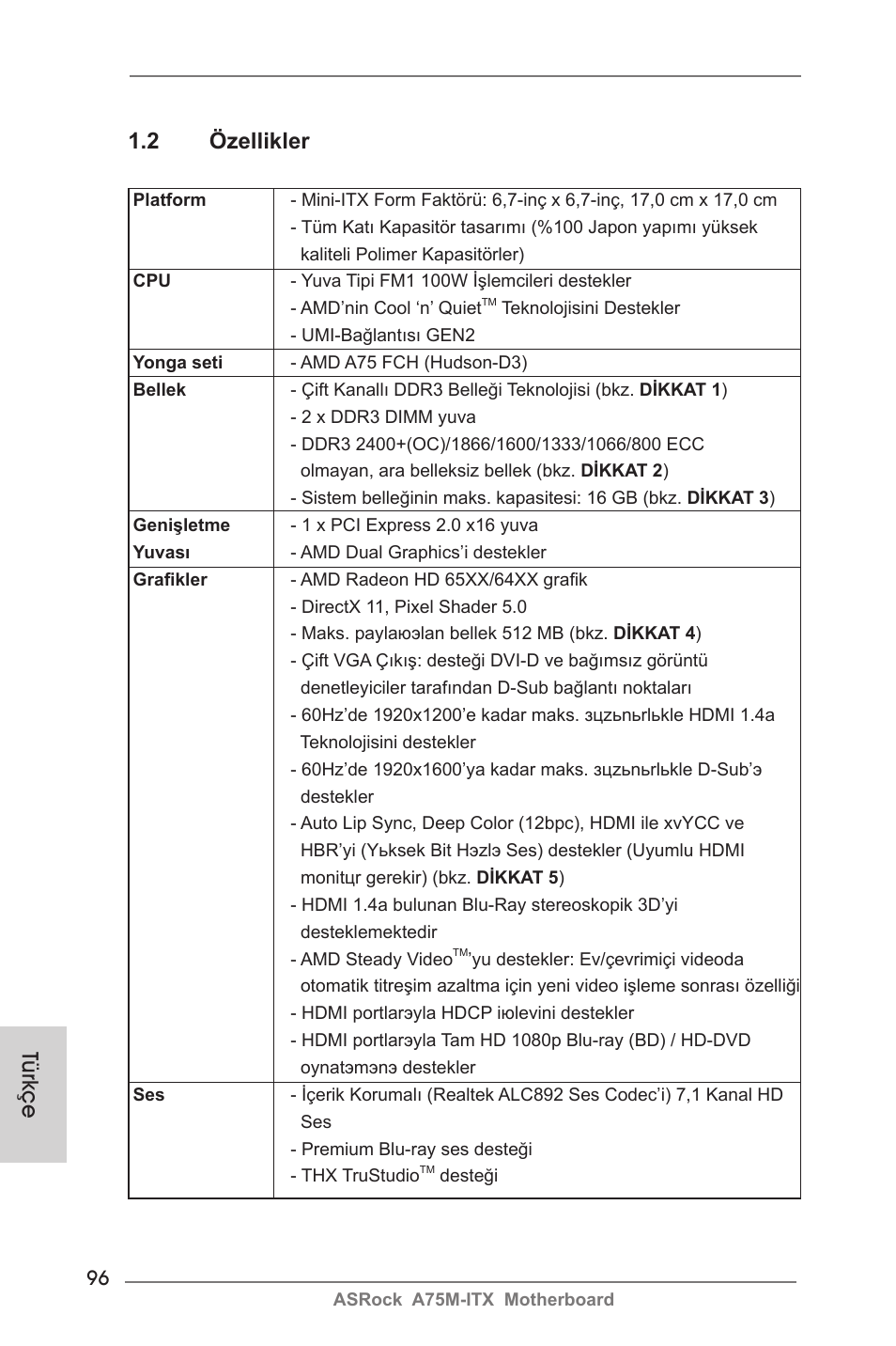 Türkçe 1.2 özellikler | ASRock A75M-ITX User Manual | Page 96 / 157