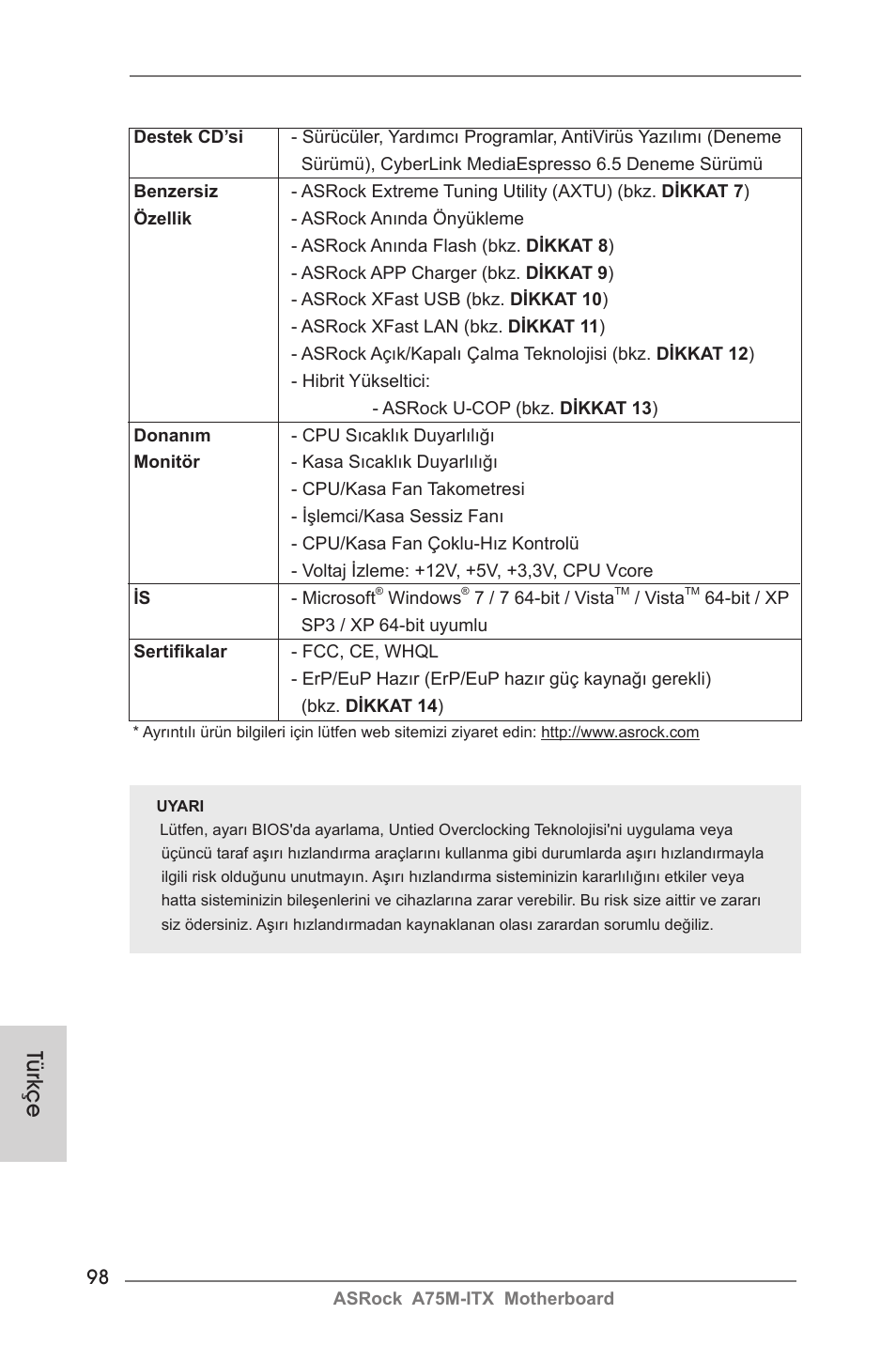 Türkçe | ASRock A75M-ITX User Manual | Page 98 / 157