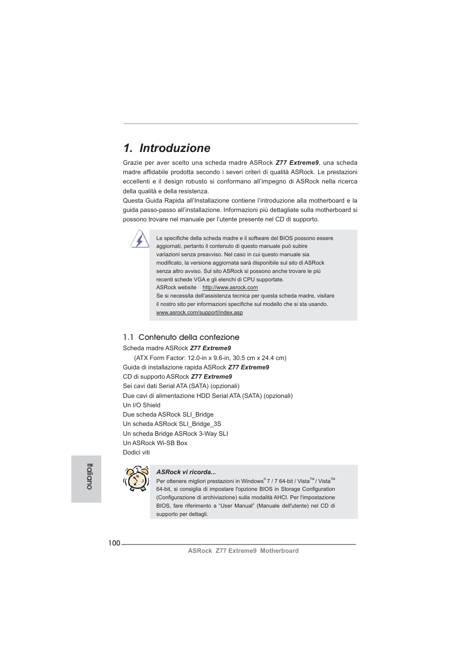 Italian, Introduzione, 1 contenuto della confezione | Italiano | ASRock Z77 Extreme9 User Manual | Page 100 / 248