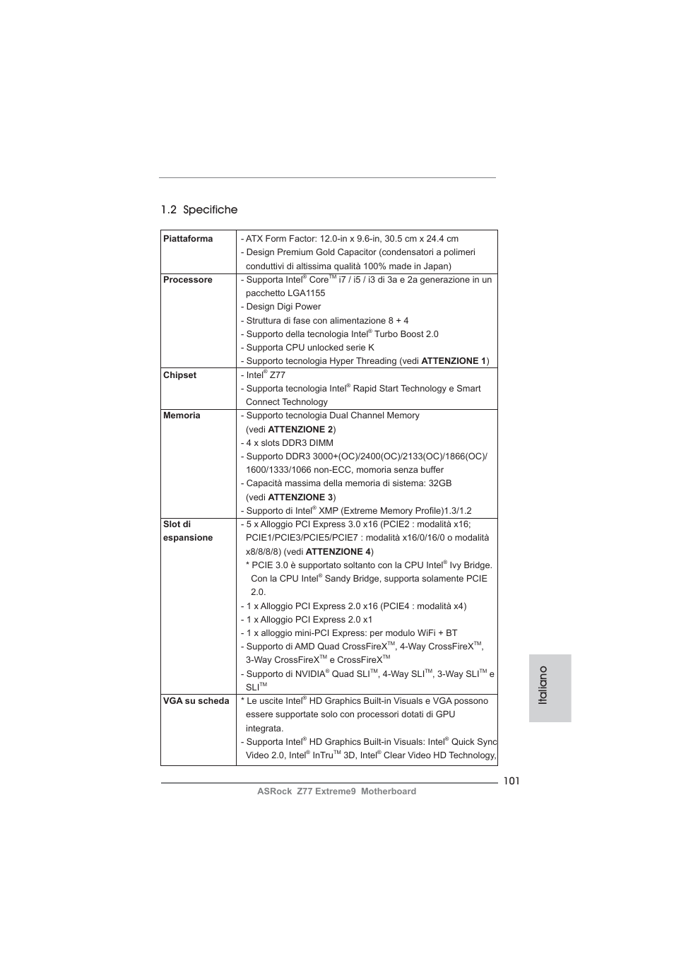 Italiano 1.2 specifiche | ASRock Z77 Extreme9 User Manual | Page 101 / 248