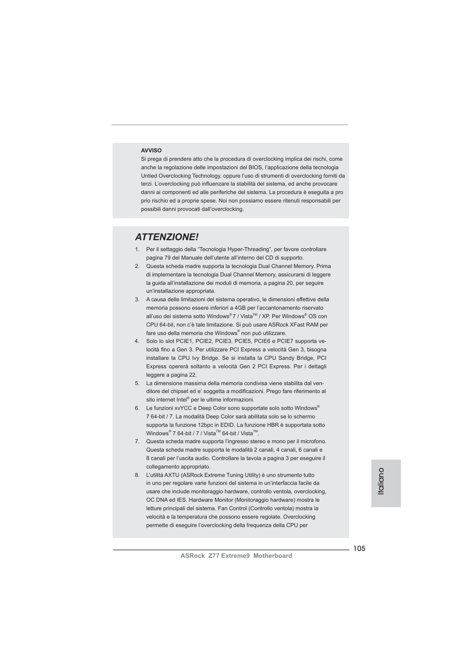 Attenzione, Italiano | ASRock Z77 Extreme9 User Manual | Page 105 / 248