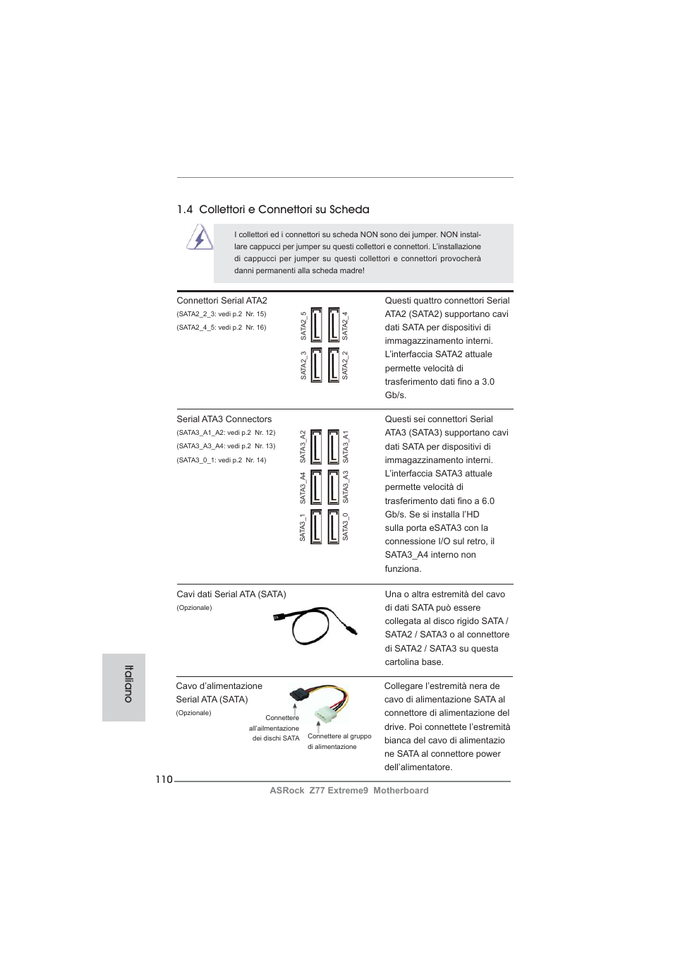 Italiano 1.4 collettori e connettori su scheda | ASRock Z77 Extreme9 User Manual | Page 110 / 248