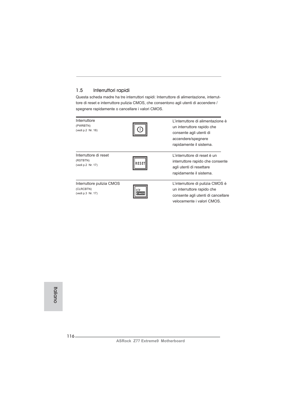 Italiano 1.5 interruttori rapidi | ASRock Z77 Extreme9 User Manual | Page 116 / 248