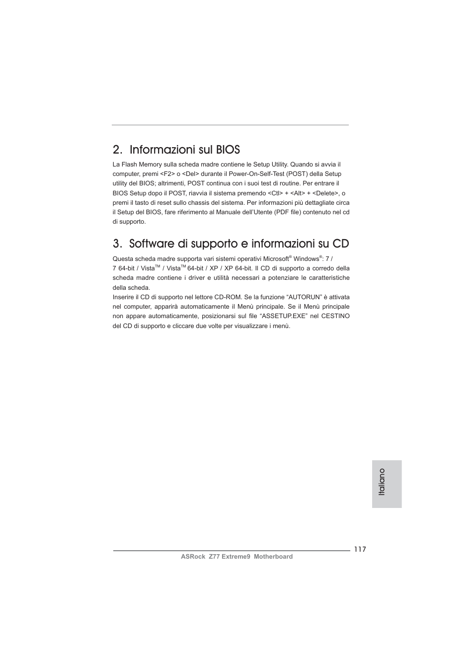 Informazioni sul bios, Software di supporto e informazioni su cd | ASRock Z77 Extreme9 User Manual | Page 117 / 248