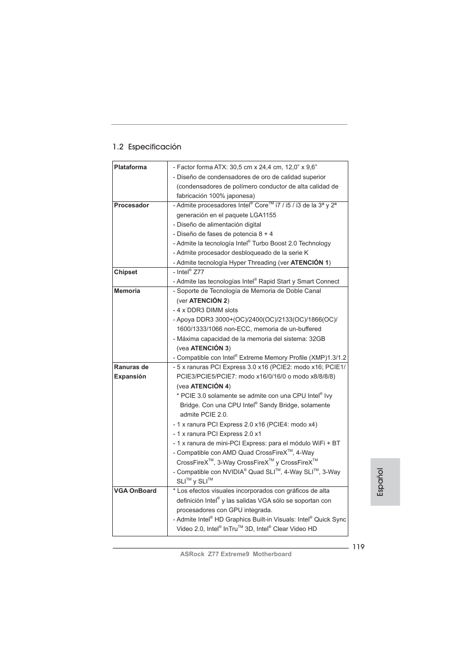 Español 1.2 especificación | ASRock Z77 Extreme9 User Manual | Page 119 / 248