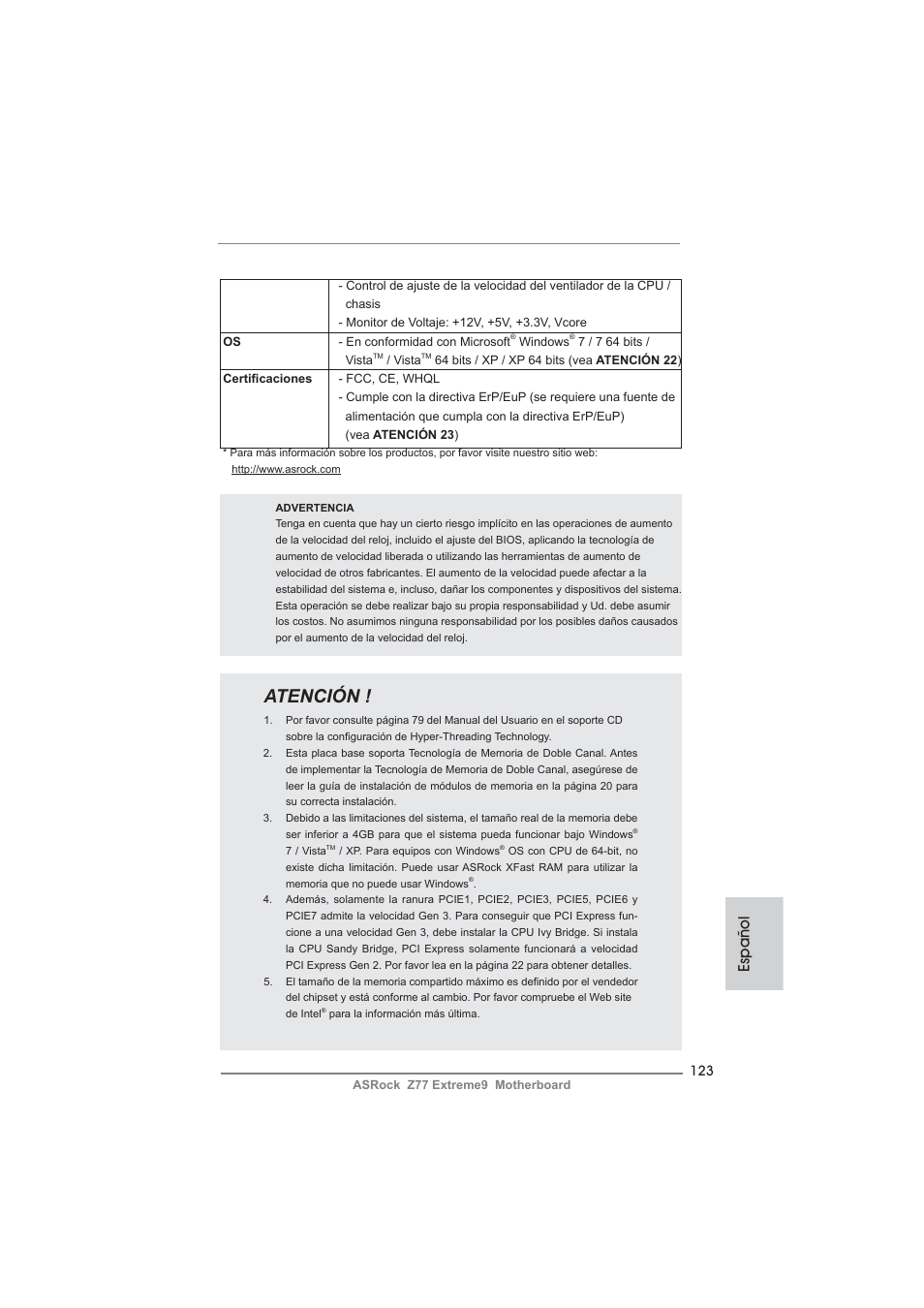 Atención, Español | ASRock Z77 Extreme9 User Manual | Page 123 / 248