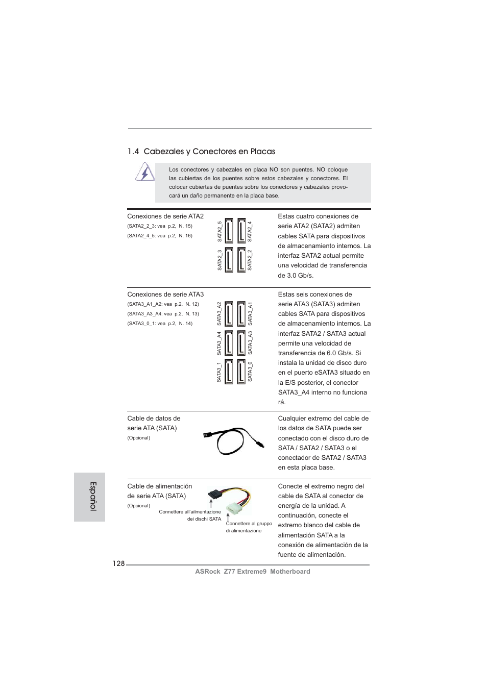 Español 1.4 cabezales y conectores en placas | ASRock Z77 Extreme9 User Manual | Page 128 / 248