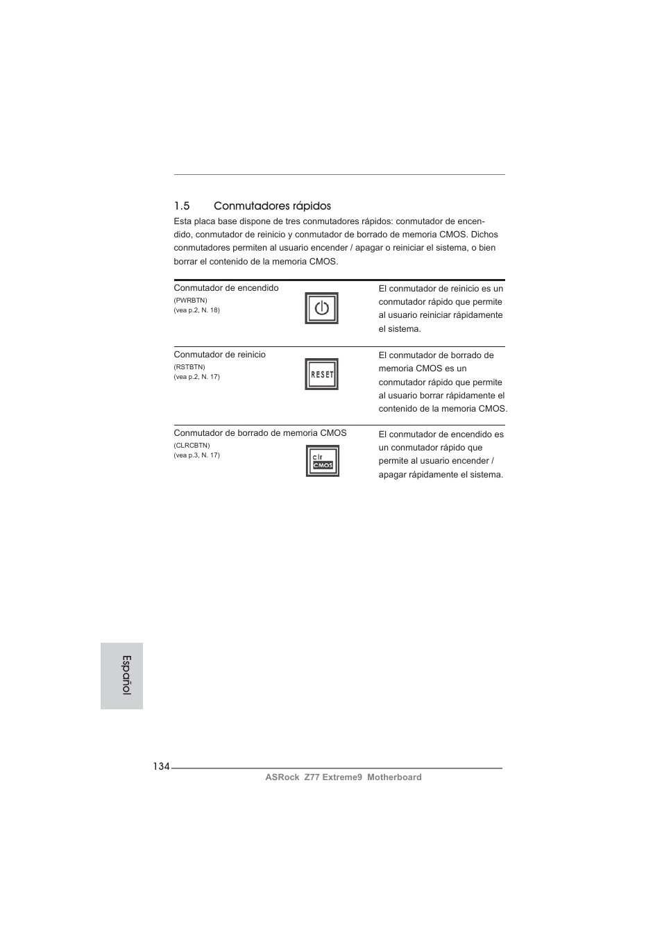 Español 1.5 conmutadores rápidos | ASRock Z77 Extreme9 User Manual | Page 134 / 248