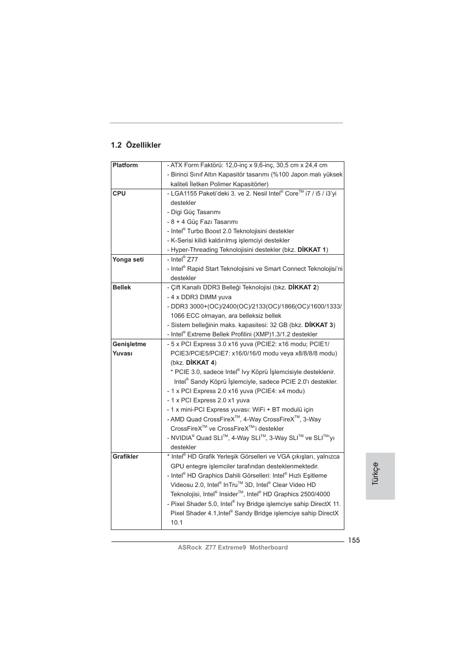 Türkçe 1.2 özellikler | ASRock Z77 Extreme9 User Manual | Page 155 / 248