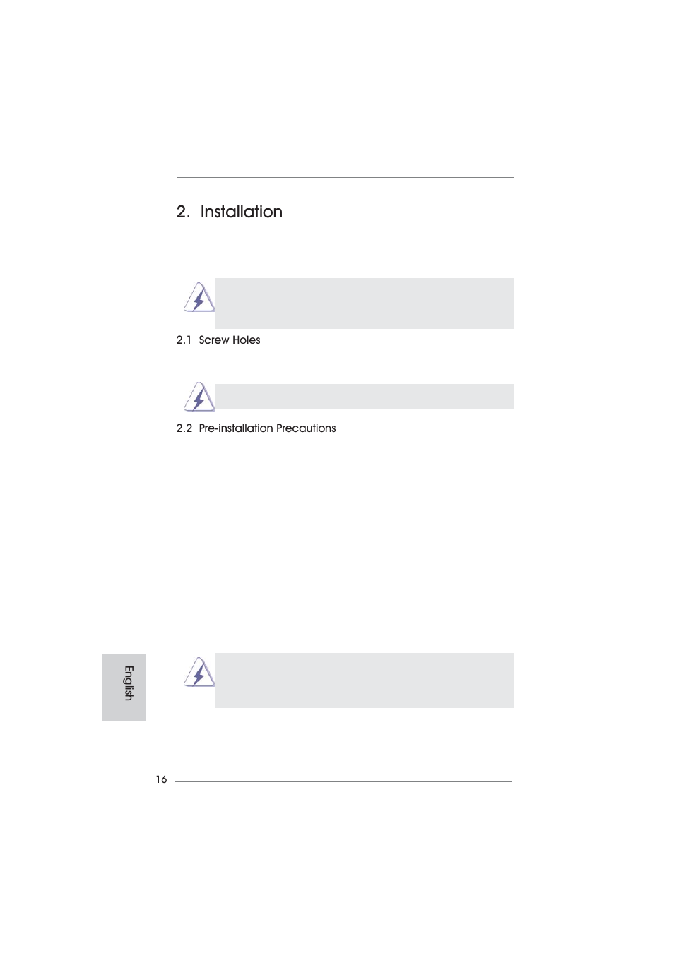 Installation, 1 screw holes, 2 pre-installation precautions | English | ASRock Z77 Extreme9 User Manual | Page 16 / 248