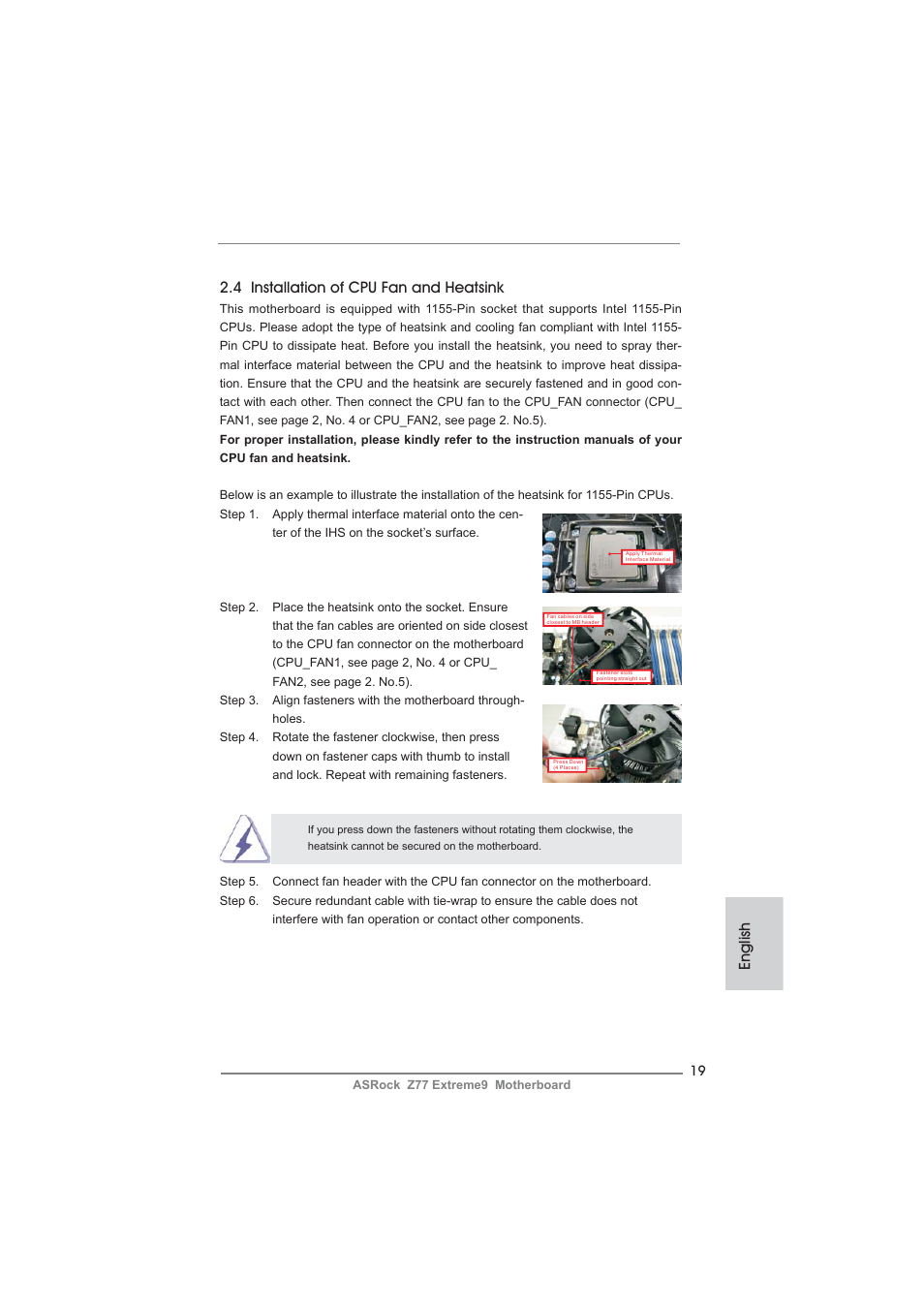English 2.4 installation of cpu fan and heatsink | ASRock Z77 Extreme9 User Manual | Page 19 / 248