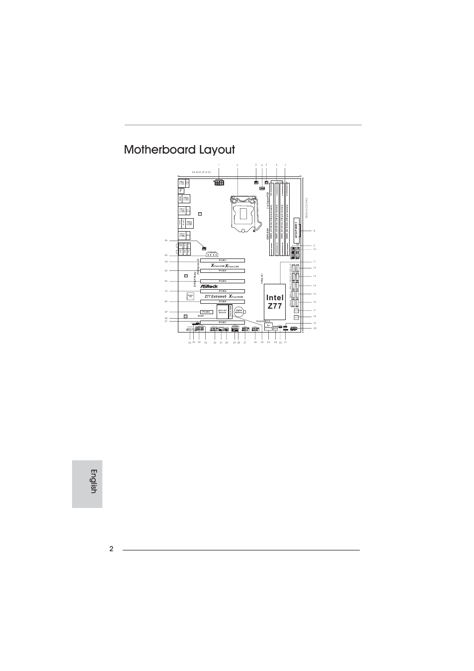 Motherboard layout, English, Intel z77 | Atx12v1, Lan phy, Usb2_3, Usb6_7, Cha_fan3 sli/xfire_pwr1, Ps2 keyboard/ mouse, Asrock z77 extreme9 motherboard | ASRock Z77 Extreme9 User Manual | Page 2 / 248