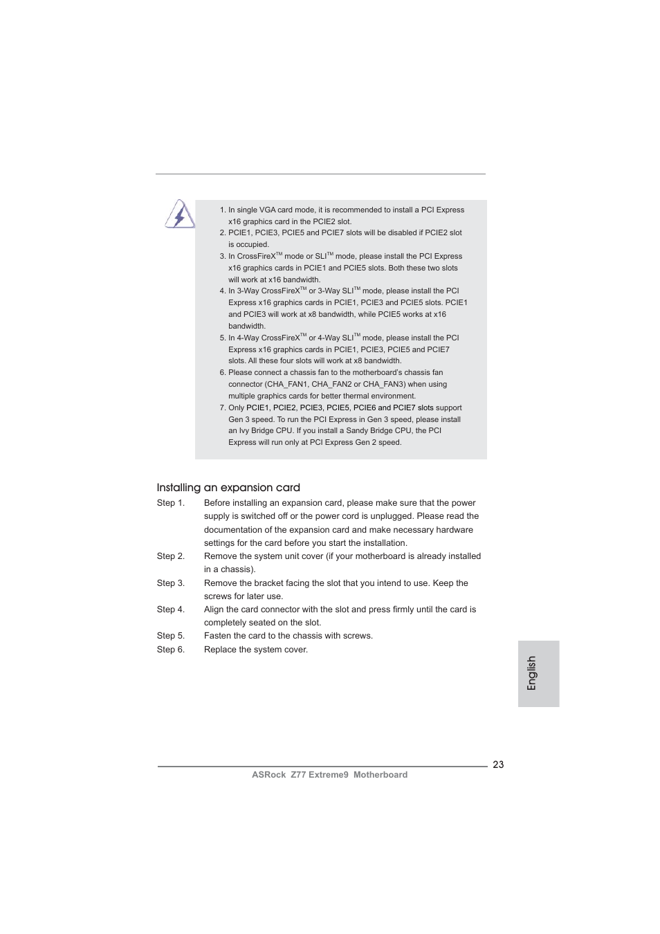 English installing an expansion card | ASRock Z77 Extreme9 User Manual | Page 23 / 248
