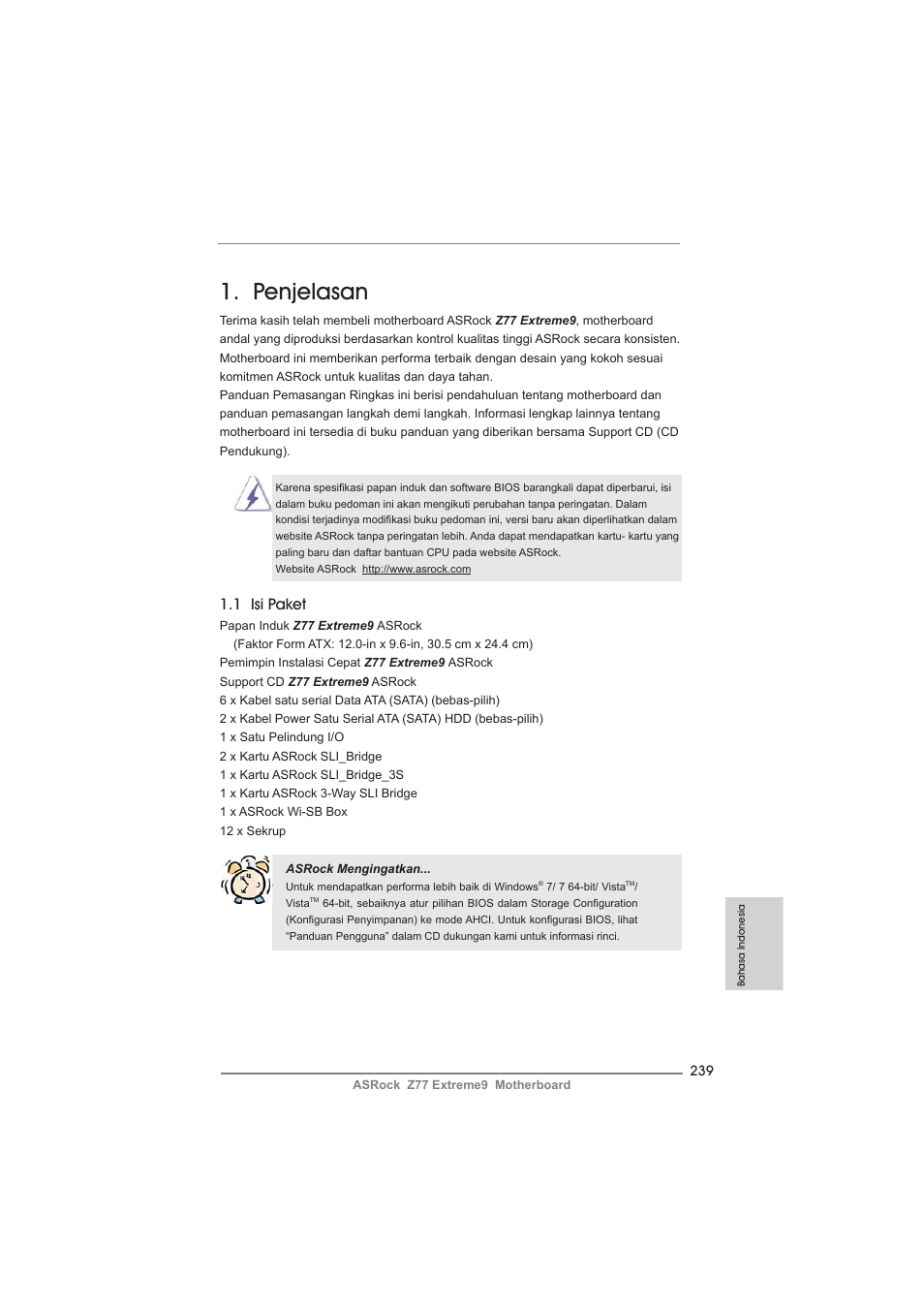 Indonesian, Penjelasan, 1 isi paket | ASRock Z77 Extreme9 User Manual | Page 239 / 248
