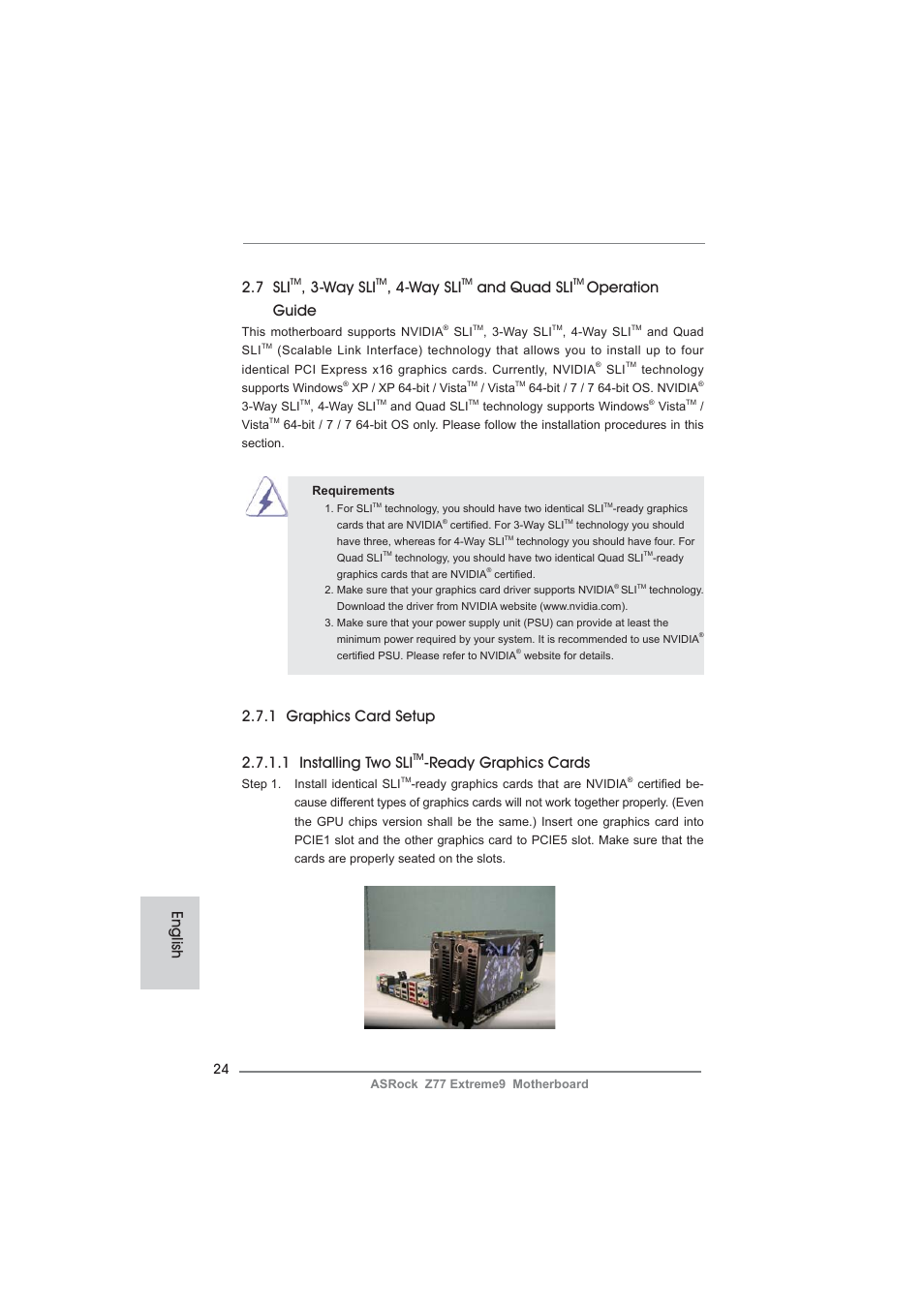 English 2.7 sli, Way sli, And quad sli | Operation guide, Ready graphics cards | ASRock Z77 Extreme9 User Manual | Page 24 / 248