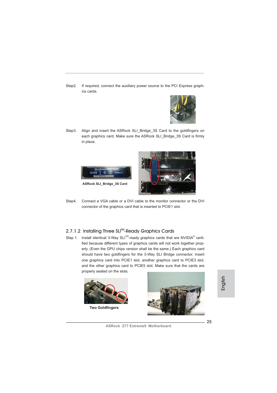 English, 2 installing three sli, Ready graphics cards | ASRock Z77 Extreme9 User Manual | Page 25 / 248