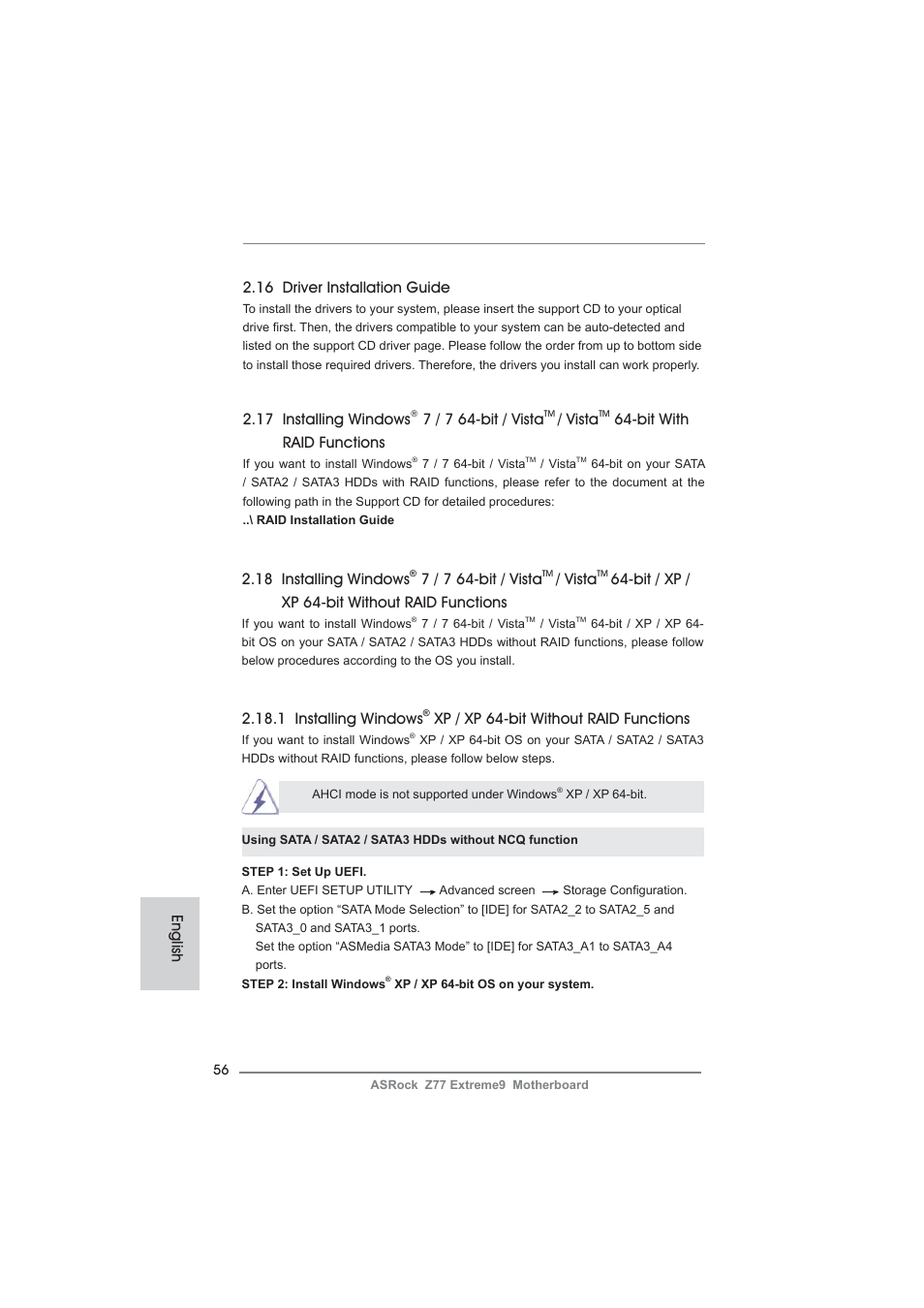 English 2.16 driver installation guide, 17 installing windows, 7 / 7 64-bit / vista | Vista, Bit with raid functions, 18 installing windows, Bit / xp / xp 64-bit without raid functions, 1 installing windows, Xp / xp 64-bit without raid functions | ASRock Z77 Extreme9 User Manual | Page 56 / 248