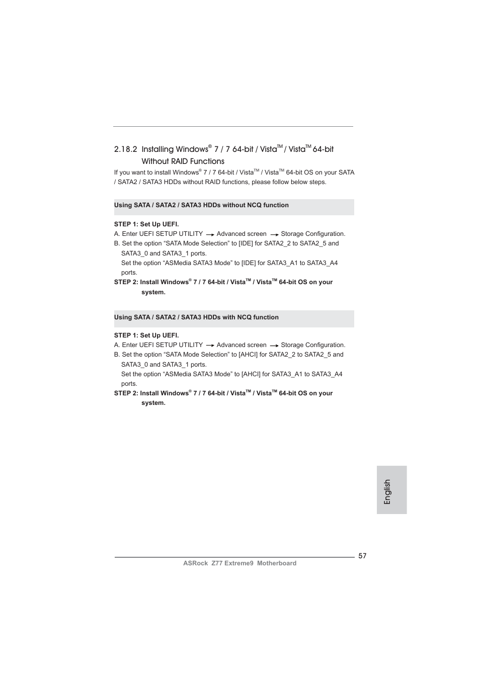 English 2.18.2 installing windows, 7 / 7 64-bit / vista, Vista | Bit without raid functions | ASRock Z77 Extreme9 User Manual | Page 57 / 248
