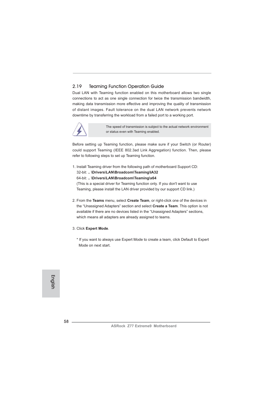 English 2.19 teaming function operation guide | ASRock Z77 Extreme9 User Manual | Page 58 / 248
