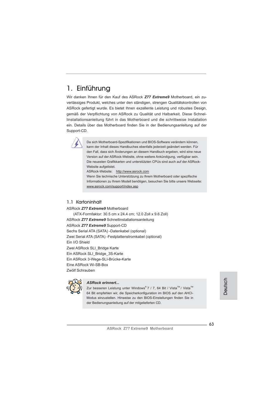 German, Einführung, Deutsch | 1 kartoninhalt | ASRock Z77 Extreme9 User Manual | Page 63 / 248