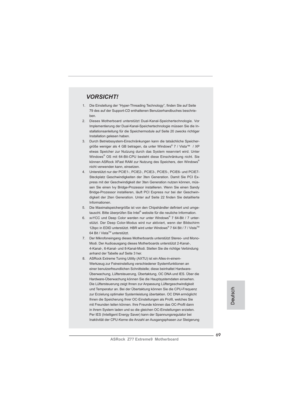 Vorsicht, Deutsch | ASRock Z77 Extreme9 User Manual | Page 69 / 248