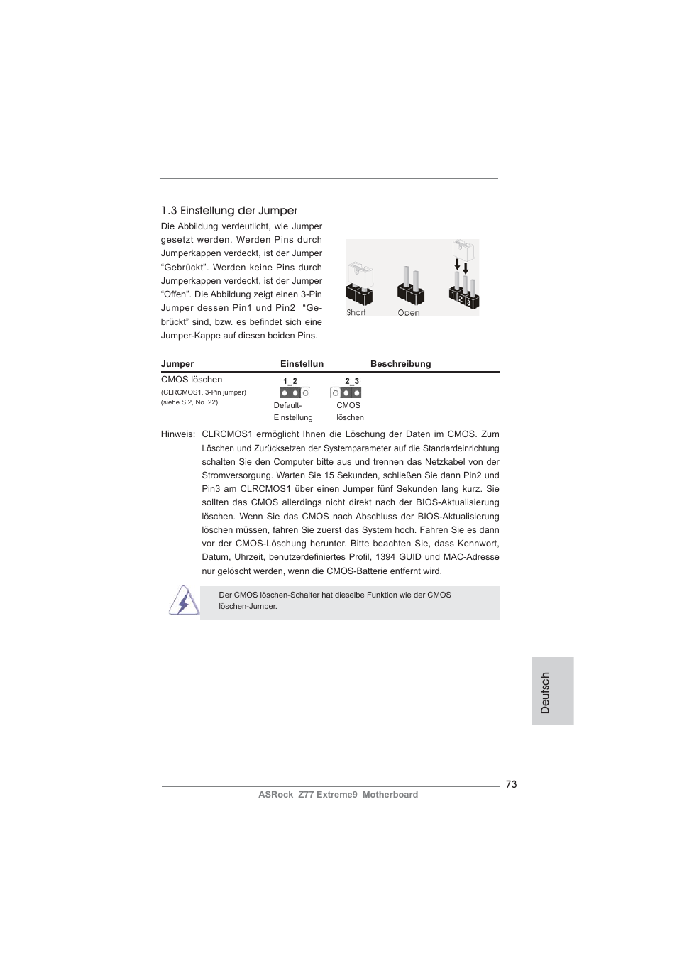Deutsch 1.3 einstellung der jumper | ASRock Z77 Extreme9 User Manual | Page 73 / 248