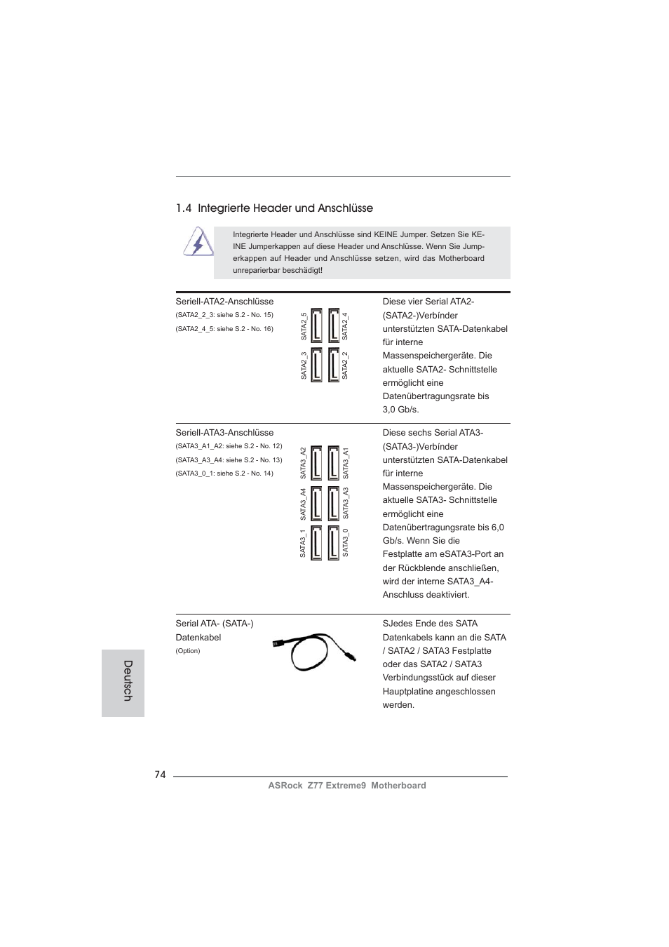 Deutsch, 4 integrierte header und anschlüsse | ASRock Z77 Extreme9 User Manual | Page 74 / 248