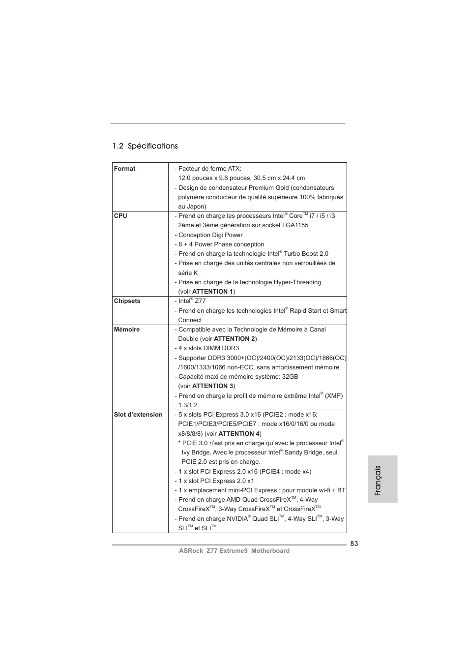 Français 1.2 spécifications | ASRock Z77 Extreme9 User Manual | Page 83 / 248