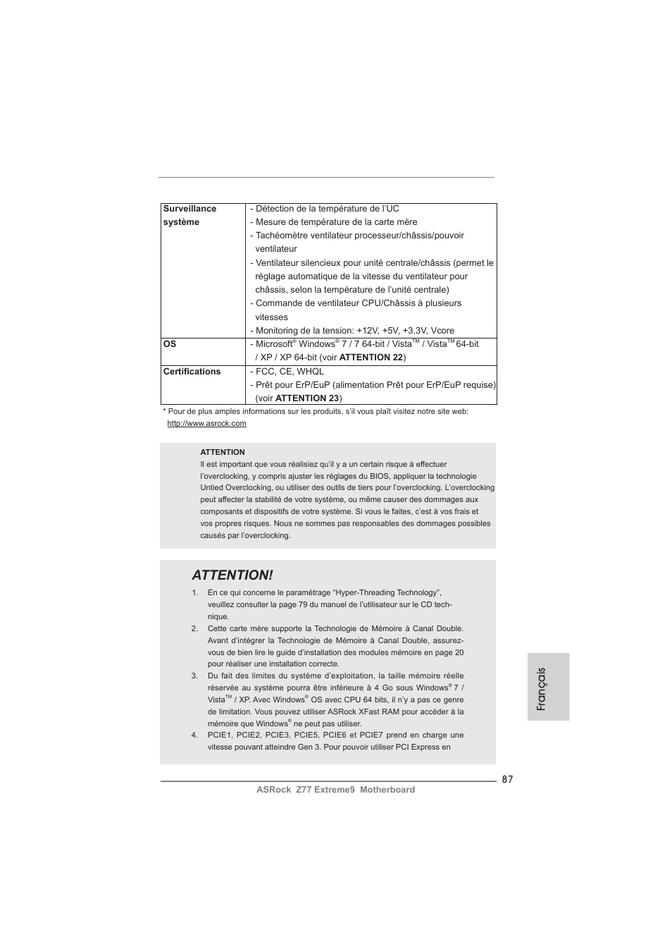 Attention, Français | ASRock Z77 Extreme9 User Manual | Page 87 / 248