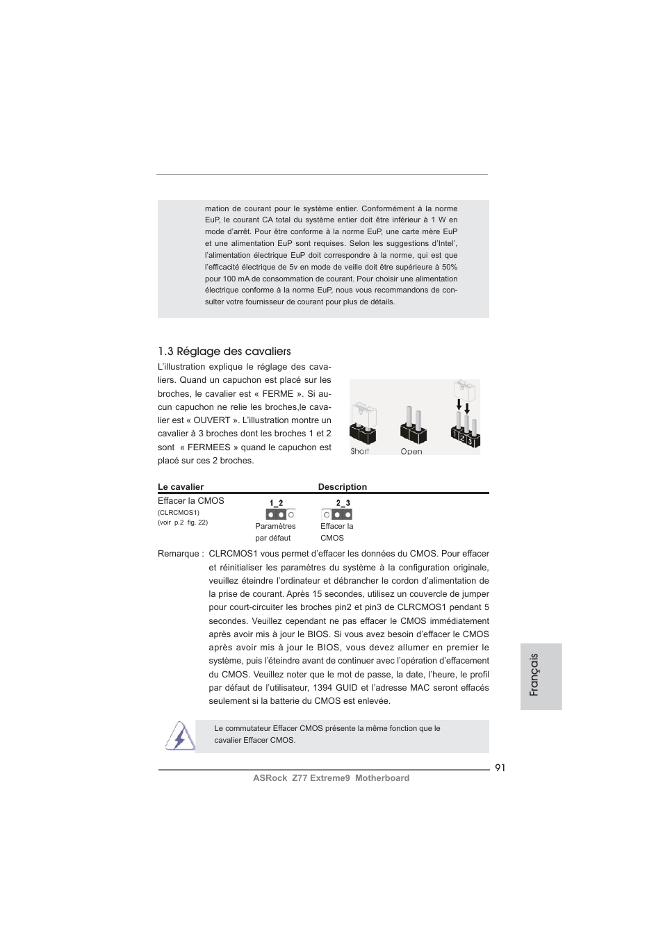 Français 1.3 réglage des cavaliers | ASRock Z77 Extreme9 User Manual | Page 91 / 248