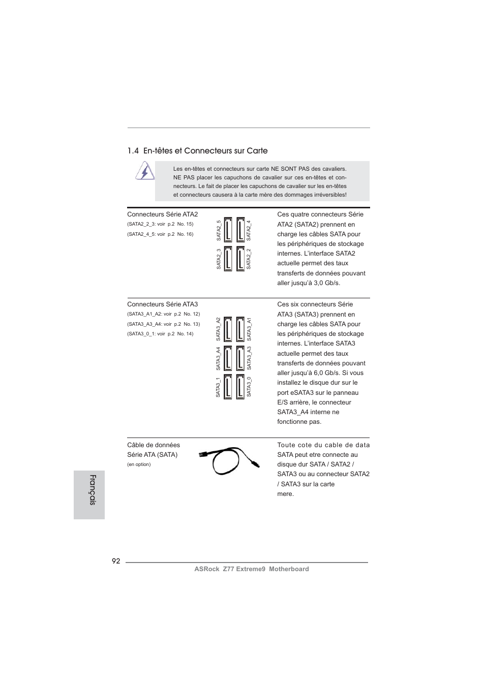 Français, 4 en-têtes et connecteurs sur carte | ASRock Z77 Extreme9 User Manual | Page 92 / 248