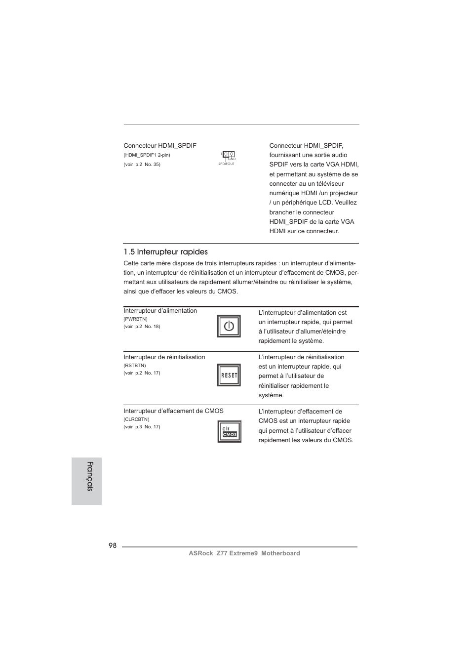 Français, 5 interrupteur rapides | ASRock Z77 Extreme9 User Manual | Page 98 / 248