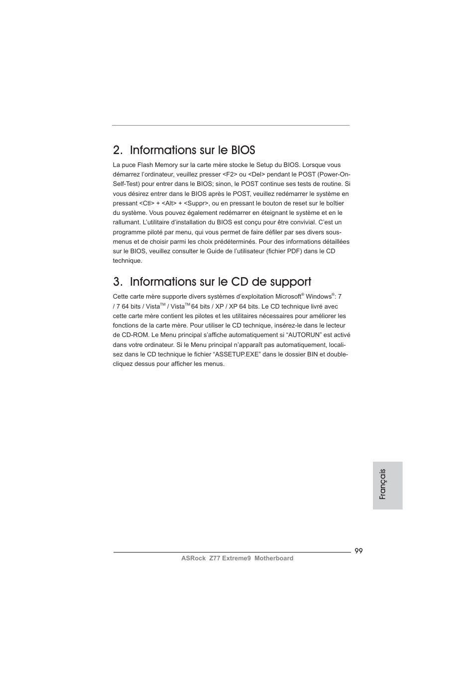 Informations sur le bios, Informations sur le cd de support | ASRock Z77 Extreme9 User Manual | Page 99 / 248