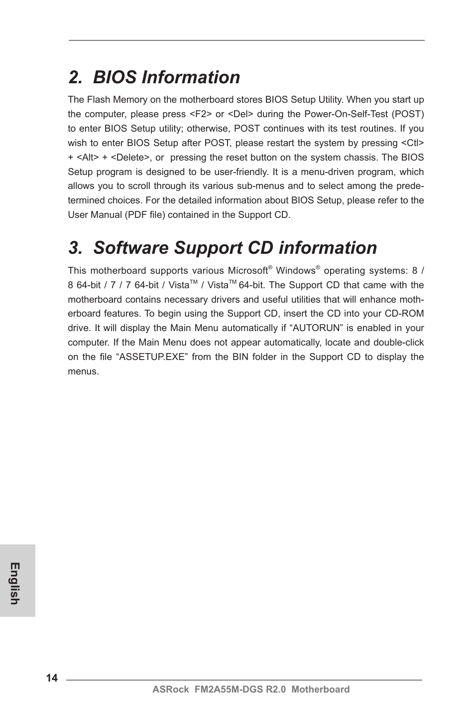 Bios information, Software support cd information, English | ASRock FM2A55M-DGS R2.0 User Manual | Page 14 / 56