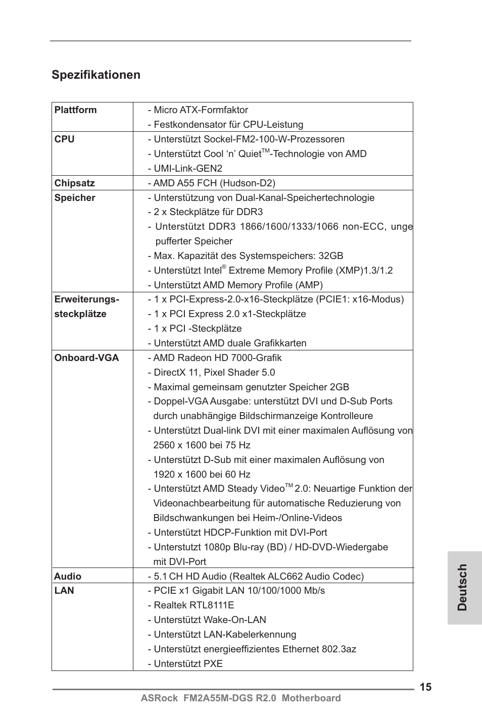 German, Deutsch spezifikationen | ASRock FM2A55M-DGS R2.0 User Manual | Page 15 / 56