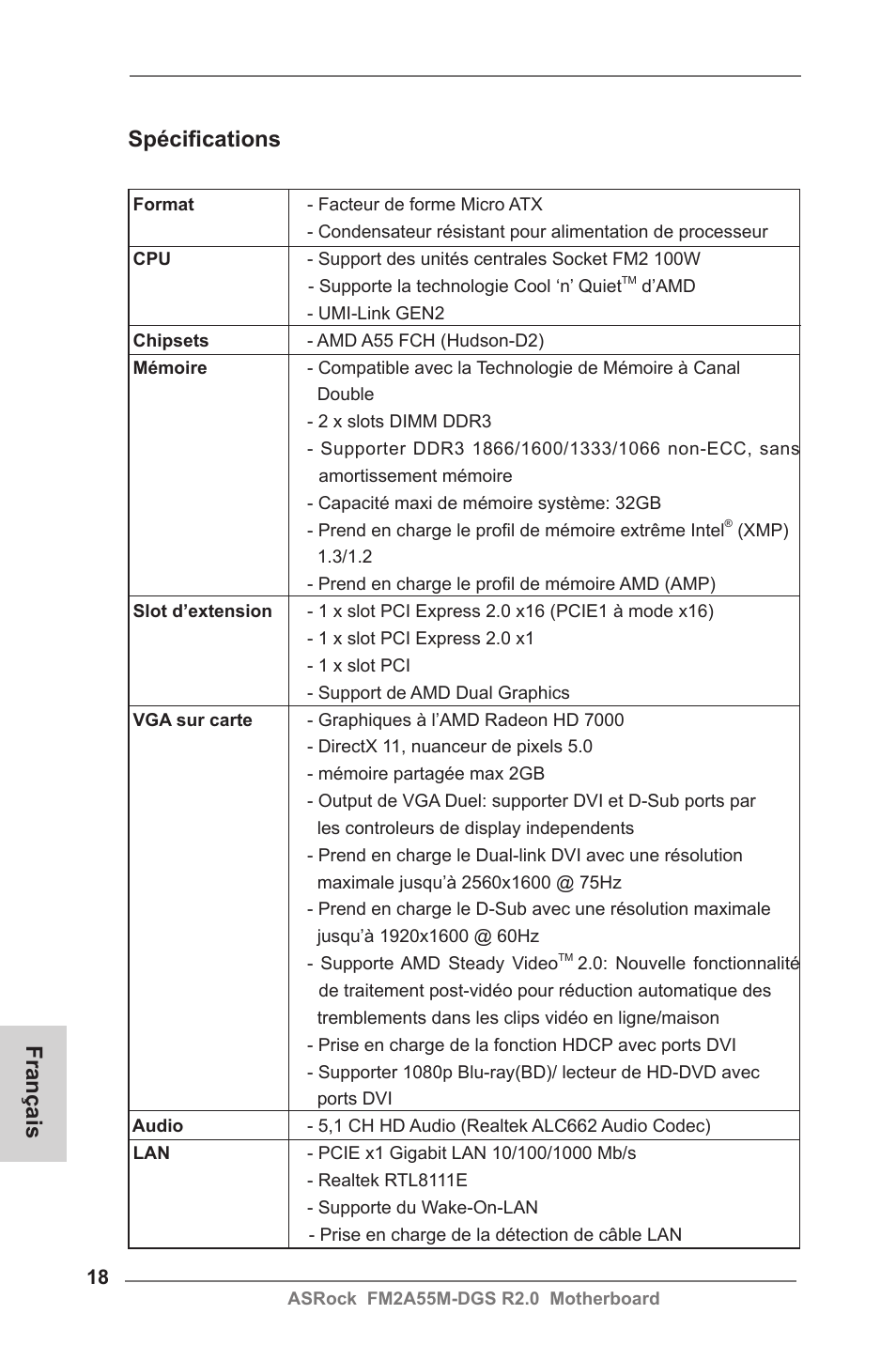 French, Spécifications, Français | ASRock FM2A55M-DGS R2.0 User Manual | Page 18 / 56