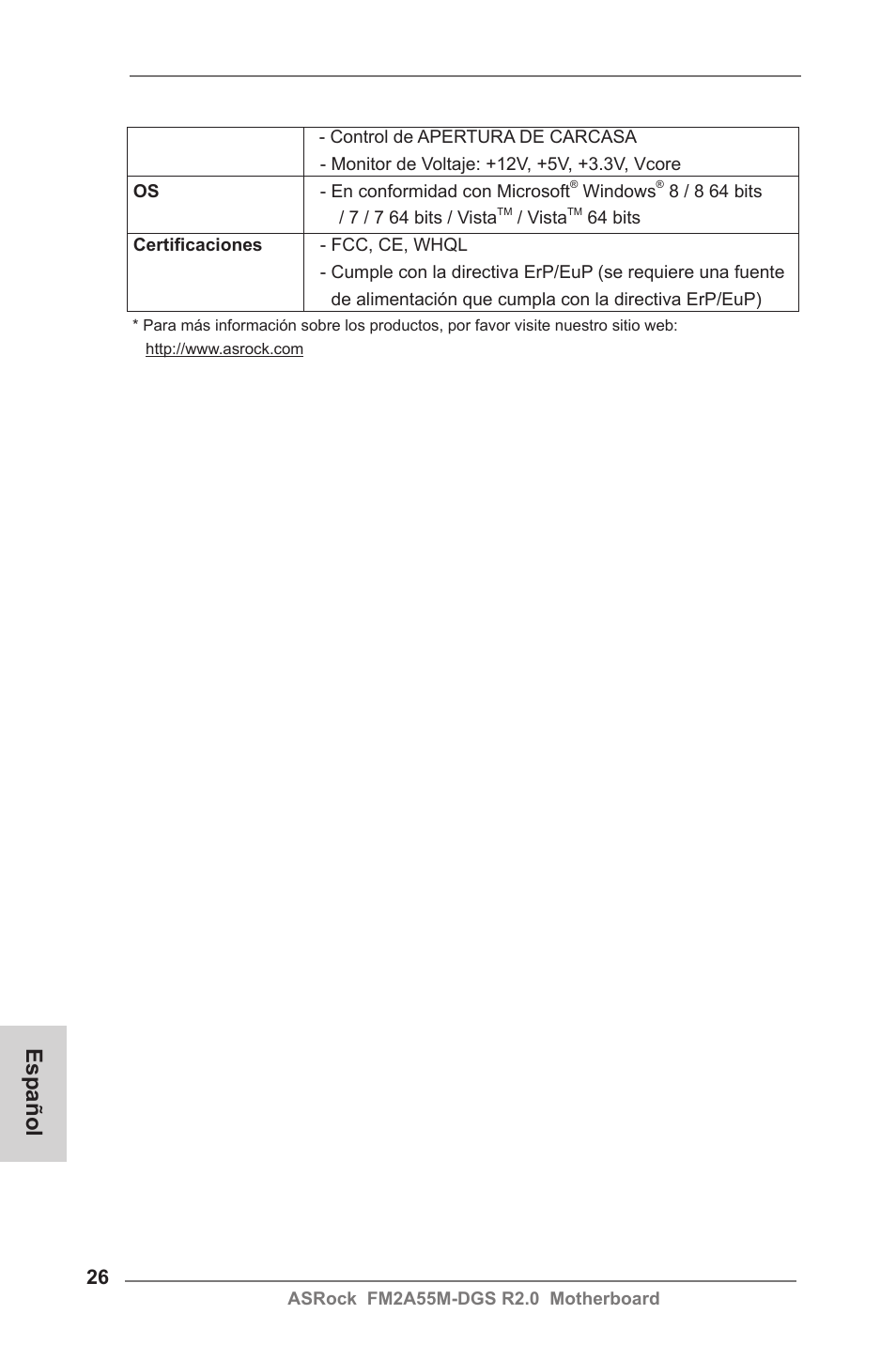 Español | ASRock FM2A55M-DGS R2.0 User Manual | Page 26 / 56