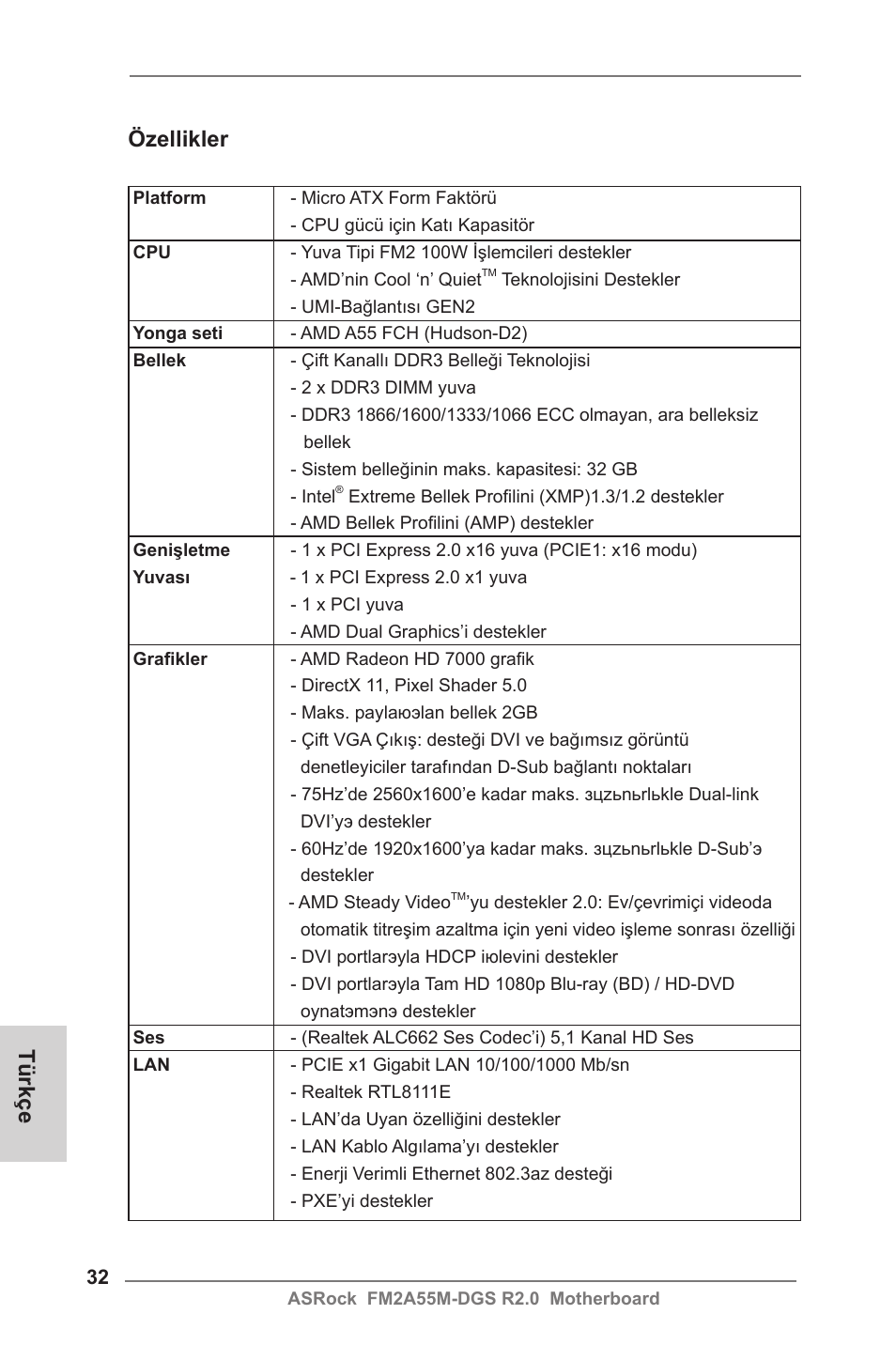 Turkish, Türkçe, Özellikler | ASRock FM2A55M-DGS R2.0 User Manual | Page 32 / 56