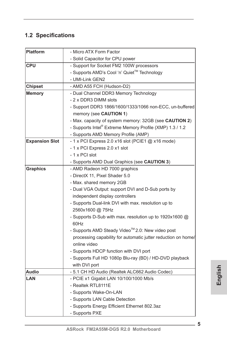 English 1.2 specifications | ASRock FM2A55M-DGS R2.0 User Manual | Page 5 / 56