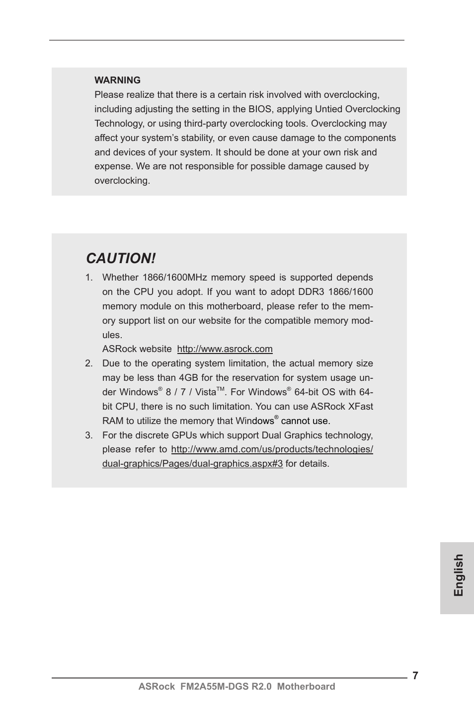 Caution, English | ASRock FM2A55M-DGS R2.0 User Manual | Page 7 / 56