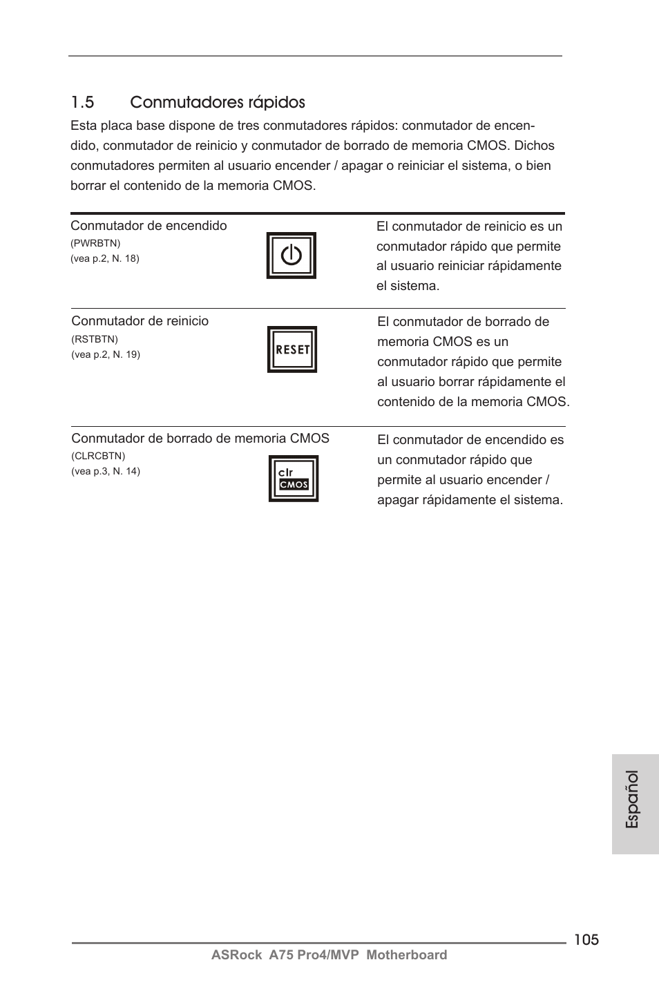 5 conmutadores rápidos, Español | ASRock A75 Pro4__MVP User Manual | Page 105 / 200