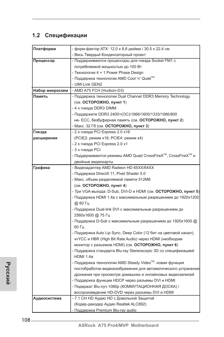 2 спецификации, Ру сский | ASRock A75 Pro4__MVP User Manual | Page 108 / 200
