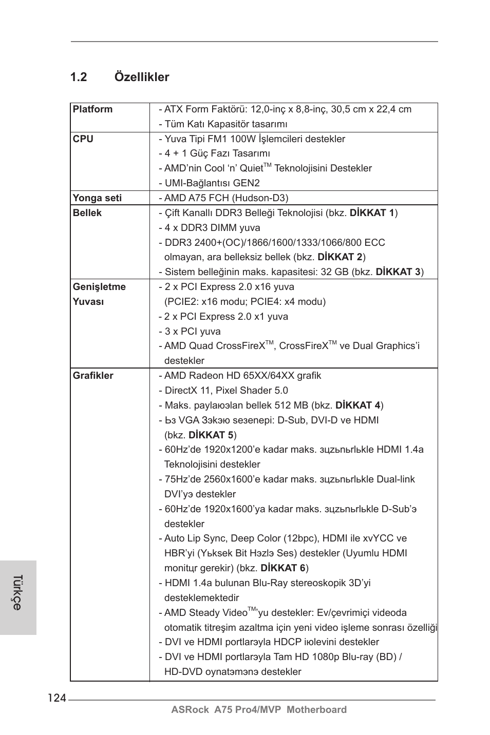 Türkçe 1.2 özellikler | ASRock A75 Pro4__MVP User Manual | Page 124 / 200
