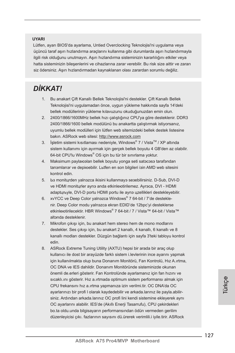 Dikkat, Türkçe | ASRock A75 Pro4__MVP User Manual | Page 127 / 200