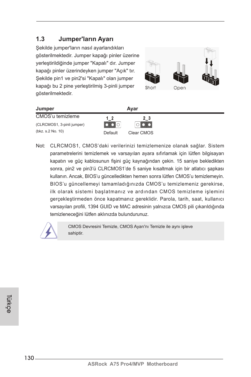 Türkçe 1.3 jumper'ların ayarı | ASRock A75 Pro4__MVP User Manual | Page 130 / 200