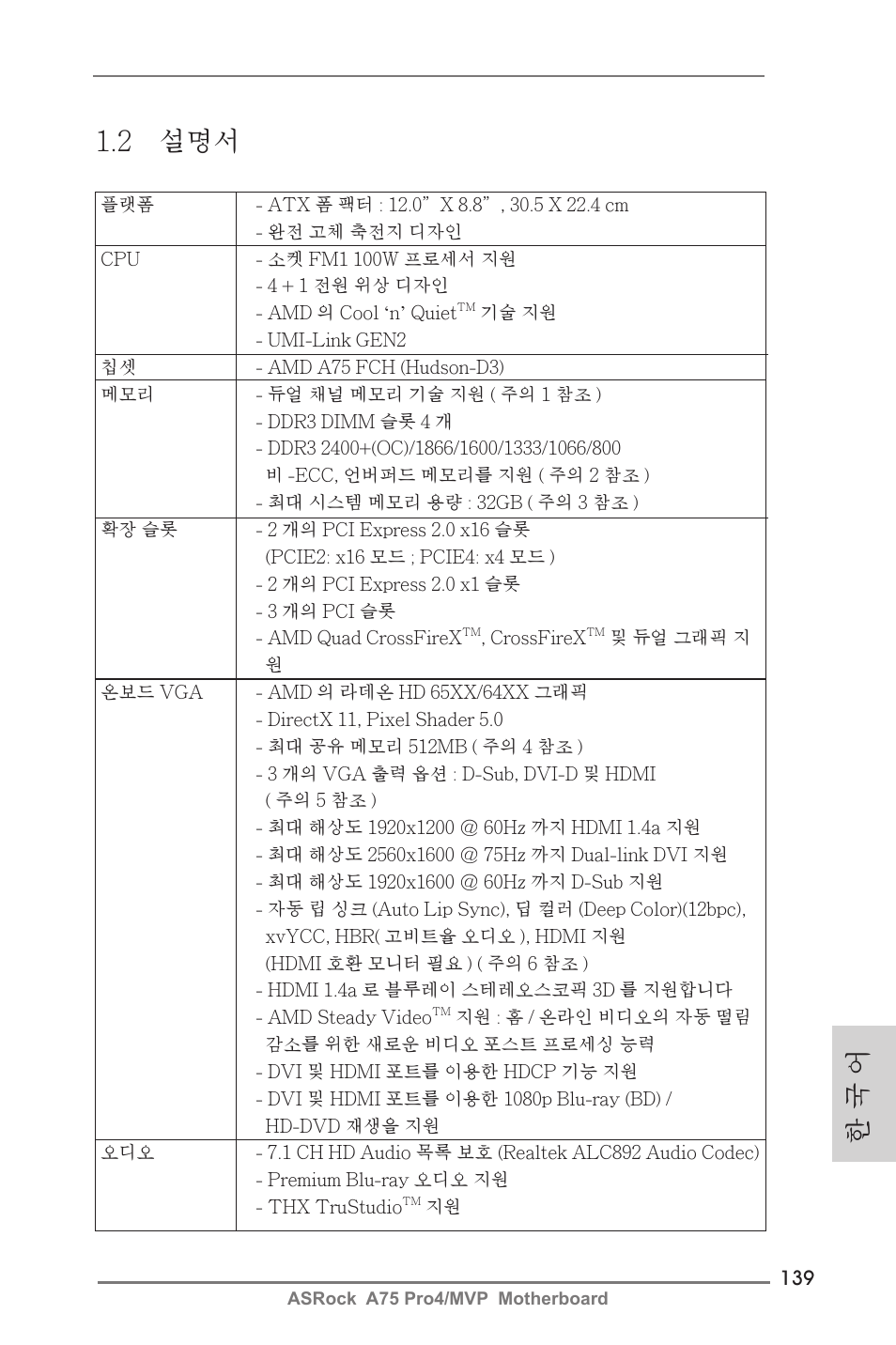 한 국 어 1.2 설명서 | ASRock A75 Pro4__MVP User Manual | Page 139 / 200