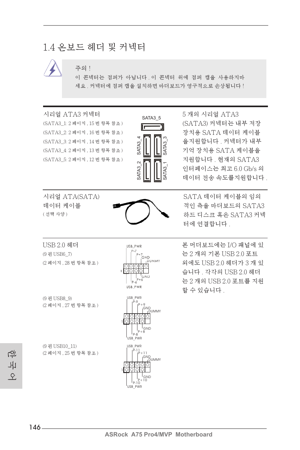 4 온보드 헤더 및 커넥터, 한 국 어 | ASRock A75 Pro4__MVP User Manual | Page 146 / 200